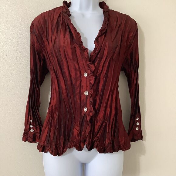 Vintage Y2K Red Witchy Whimsigoth Dark Romantic Vamp Button Up Crinkle Top M - Picture 1 of 8